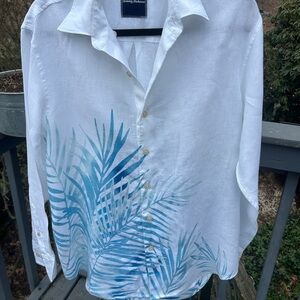 Tommy Bahama White Linen Button-Down with Blue Palm Motif